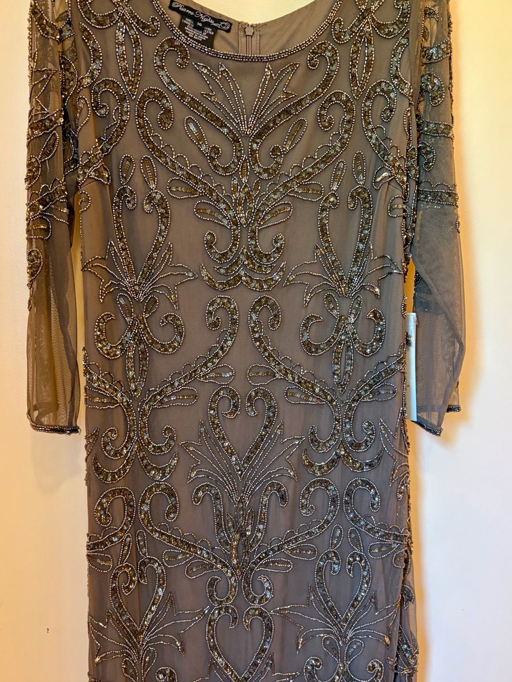 Adrianna Papell Mocha Beaded Sheer Overlay Evening Dress